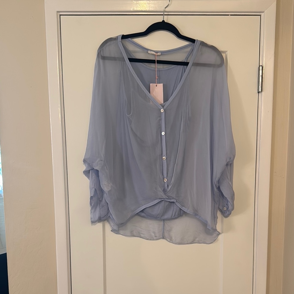 Gray Relaxed 3/4 Sleeve Blouse with Tie Front